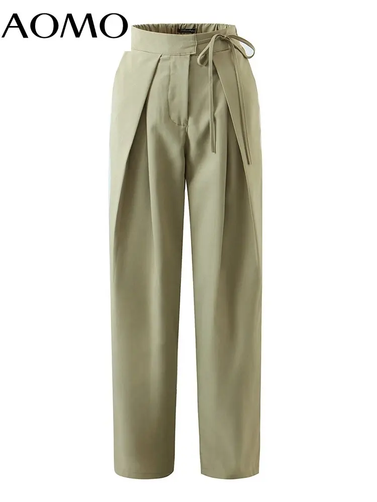 

AOMO fashion women green with bow suit pants trousers pockets zipper office lady long pants pantalon DZ05A