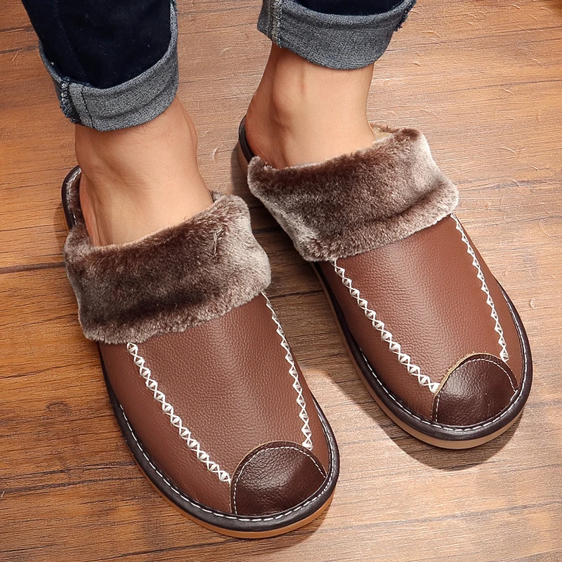 Men's Leather Home Warm Cotton Slippers 