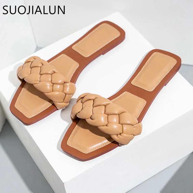 

SUOJIALUN 2022 Summer New Women Slipper Fashion Weave Square Toe Ladies Sandal Outdoor Beach Casual Slides Shoes Open Toe Flip F