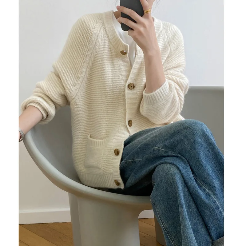 

Autumn Winter Women Single Breasted Sweater Cardigan 2022 O-neck Raglan Sleeve Pocket Casual Long Sleeve Knitted Coat Tops