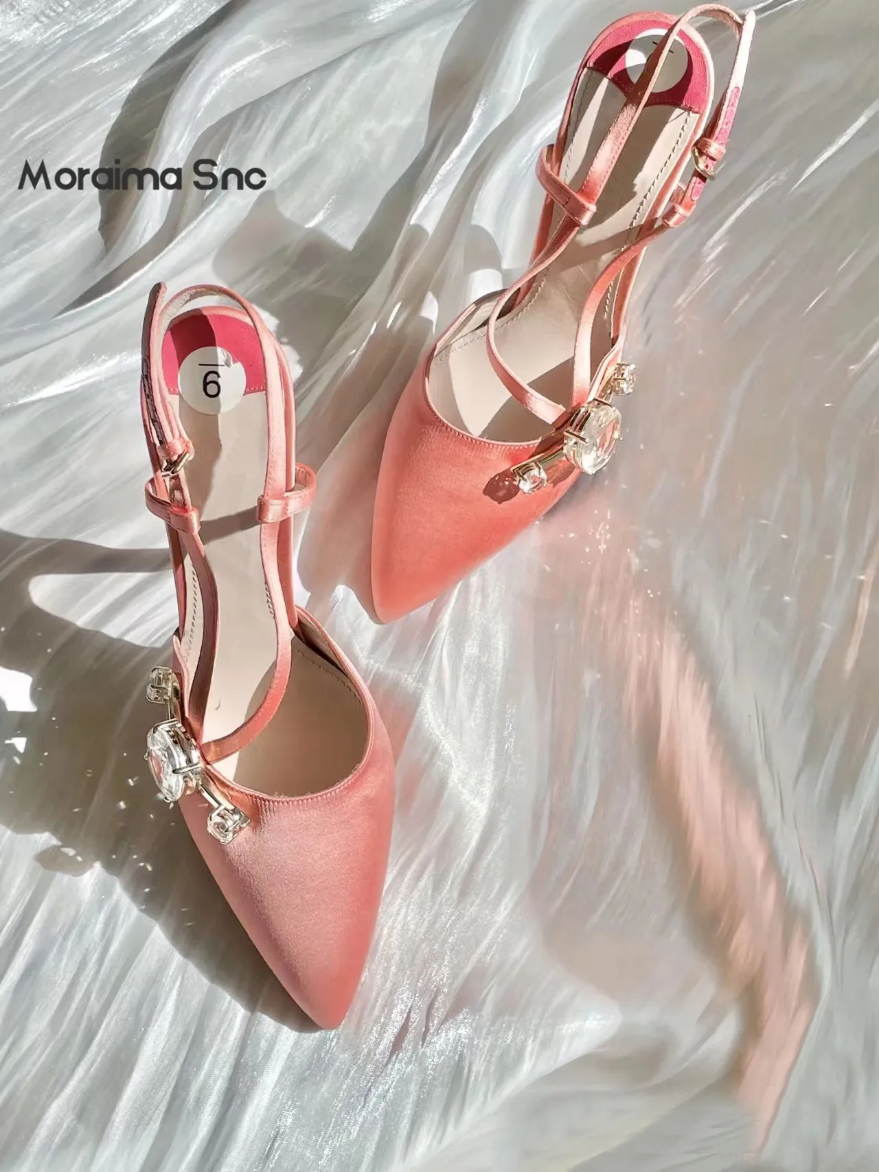 Pink Leather Rhinestone High-Heeled Shoes with Back Empty Fashion Sandals Pointed Toe French Elegant Temperament Ladies' Pumps