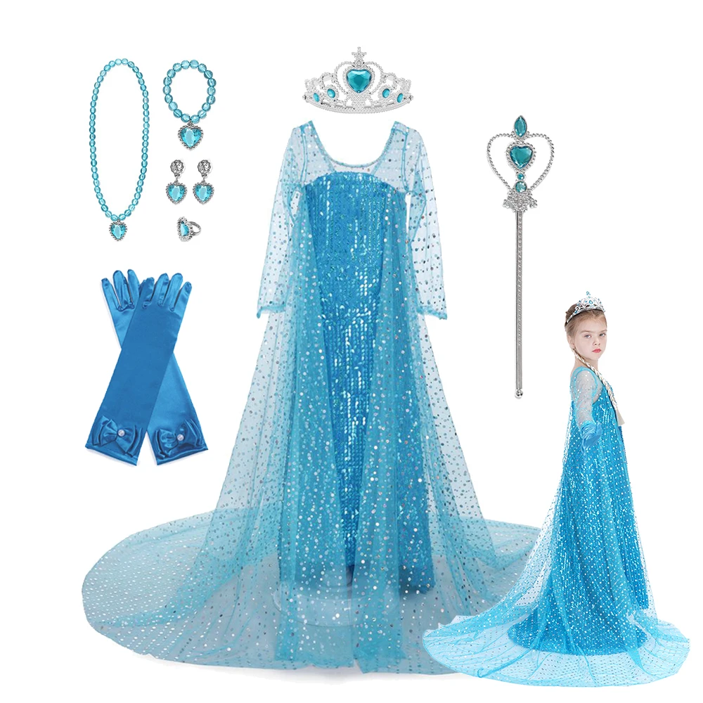 

Snow Queen Disney Elsa Costume Frozen Cosplay Crew Neck Sequin Long Charm Dress For Girl kid's Birthday Party Halloween Gown