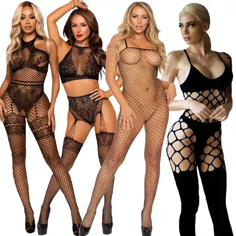 New Fishnet Bodysuits Catsuit Womens Transparent Open Crotch Clothes Sex Bodystock  Sexy Body Stockings Mesh Hot Erotic Lingerie