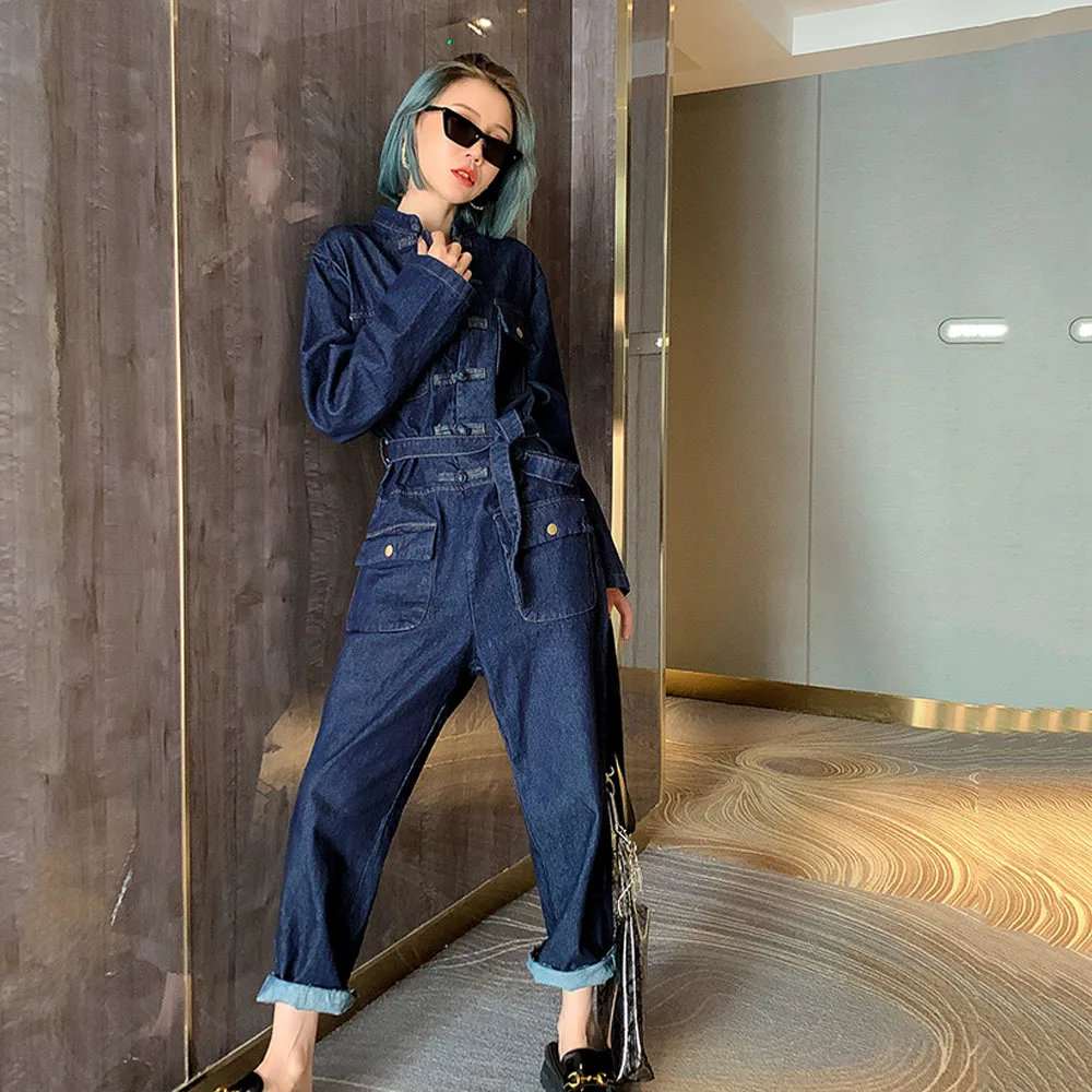 

Комбинезон женский джинсовый свободного покроя, модные брюки-карго с широкими штанинами, с карманами, черный комбинезон, комбинезон на осен...