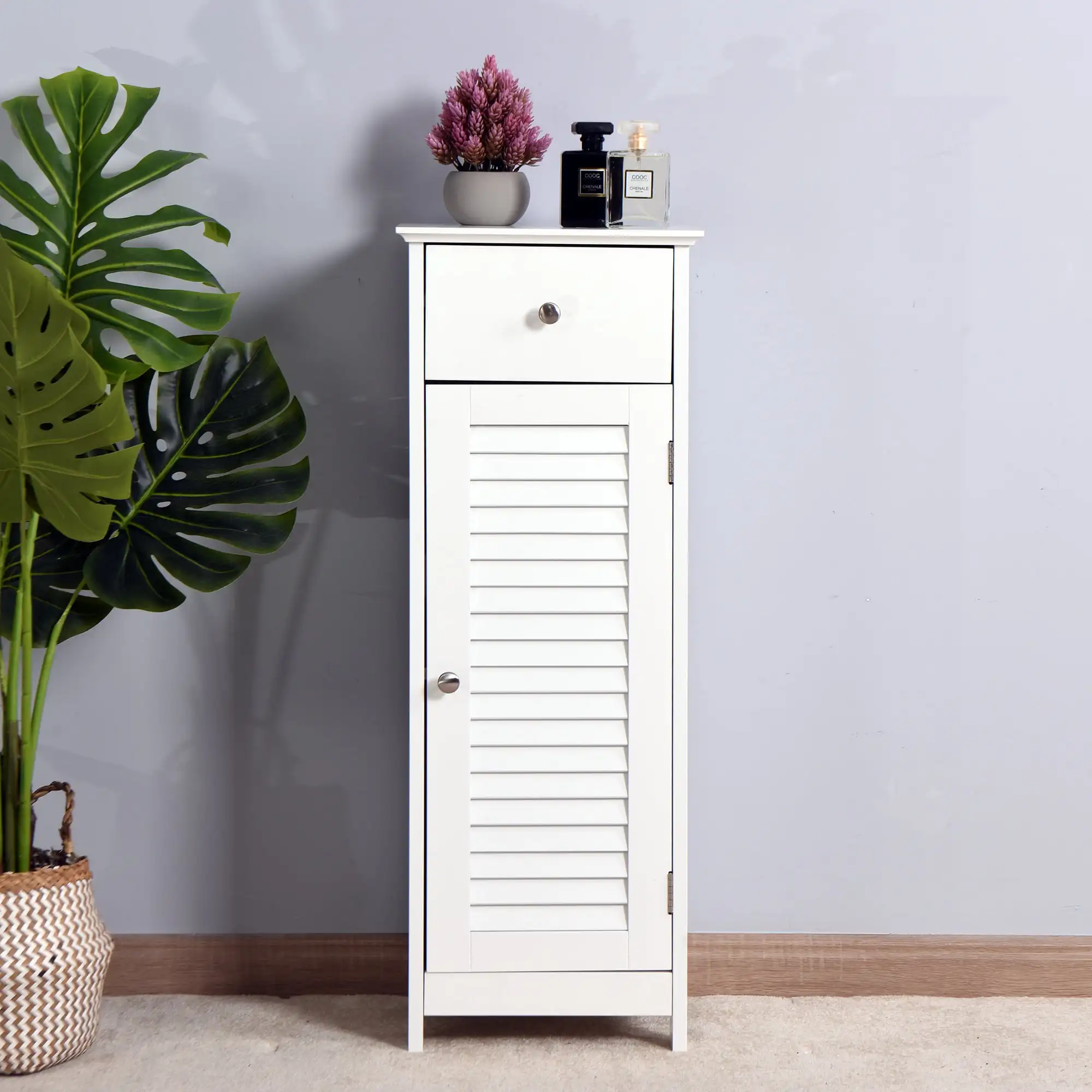 

Aukfa Small Bathroom Storage Corner Floor Cabinet W/Drawer And Single Shutter Door Wooden - White