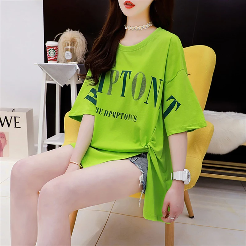 

New Summer Plus Size Cotton Loose Character Printing Woman T-shirt The Daily Basic Dropped Shoulder Tees Shirt Blouse for Girls