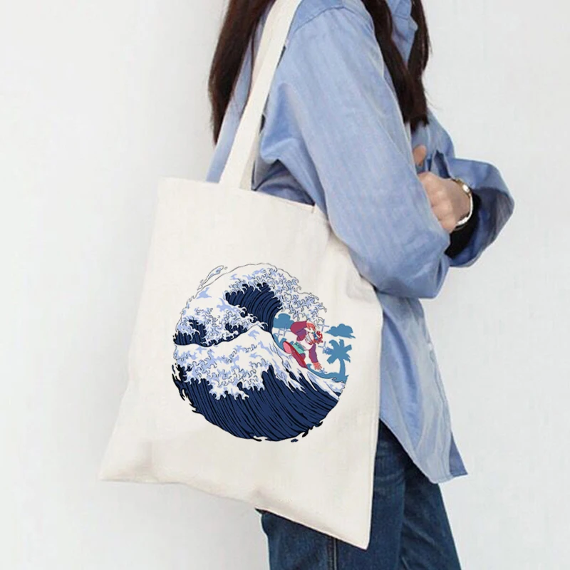 

Женская сумка-шоппер с принтом «Великая волна», Большая вместительная сумка-тоут в стиле Харадзюку, холщовая дамская сумочка для покупок че...