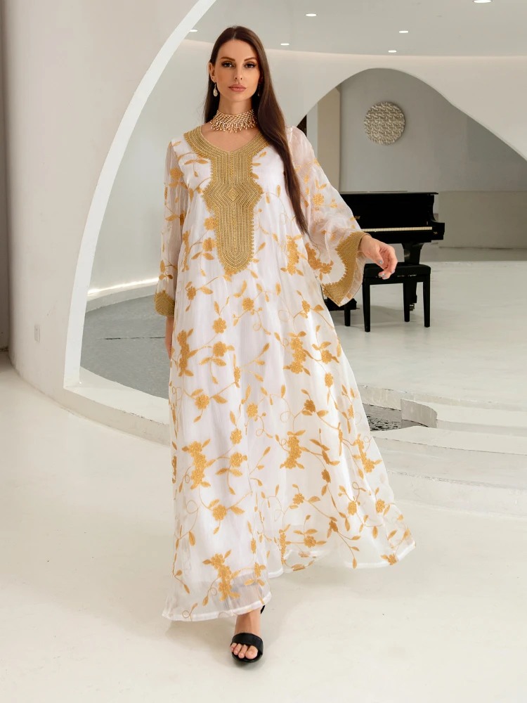 

Турецкое мусульманское платье, Женская абайя Jalabiya, Марокканское Сетчатое платье с вышивкой, вечерние платья, длинный кафтан, Женский хиджаб...