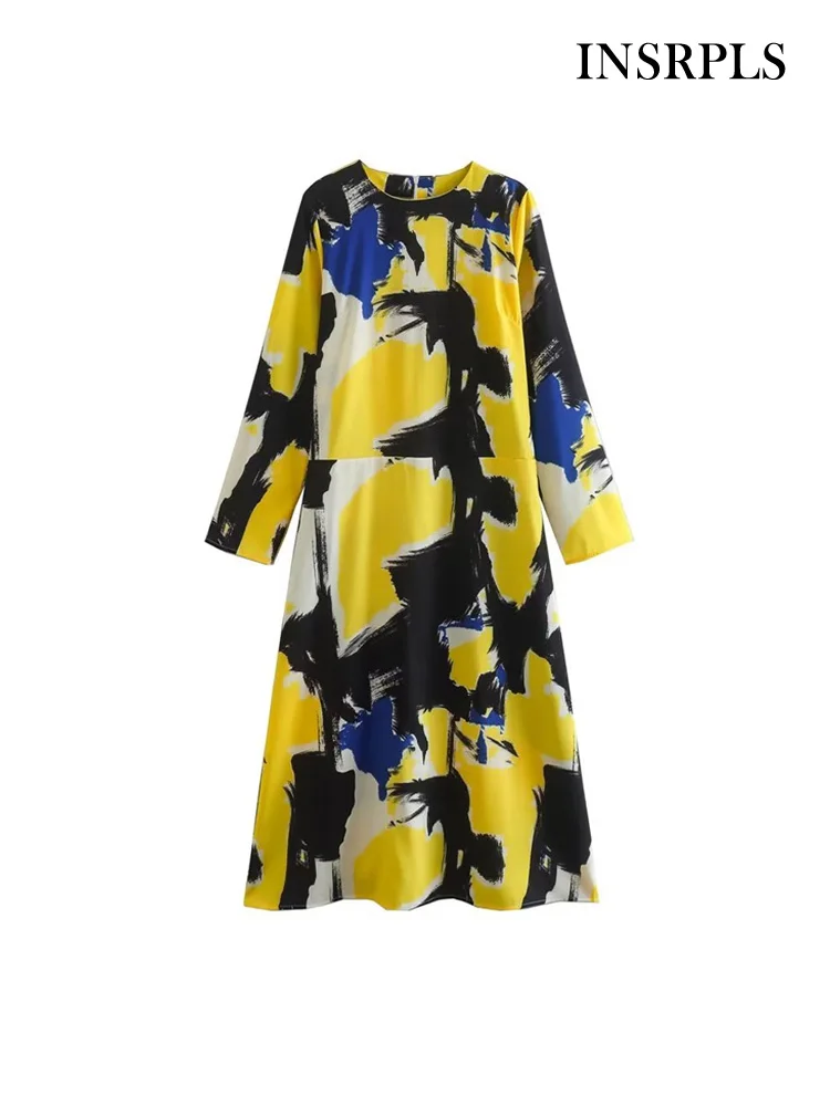

INSRPLS Women Fashion Printed Midi Dress Vintage Long Sleeve Back Zipper Female Dresses Vestidos Mujer