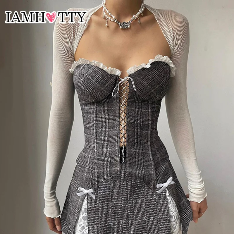 

IAMHOTTY French Style Tweed Plaid Bandage Corset Women Coquette Aesthetic Strapless Tube Tops Sexy Y2K Skinny Camis Cute Tanks