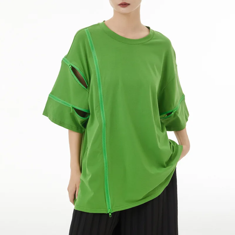 

Korean Style Zipper Patchwork Tshirt Women Simply Solid Color Tees Summer Casual Loose Thin Tops