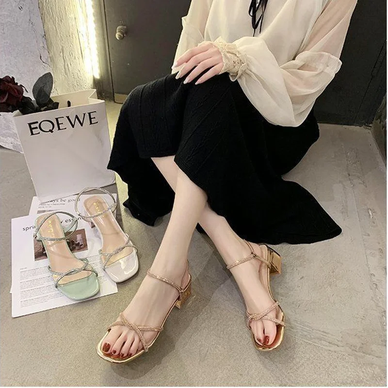 Sandal Woman Shoes Roman Medium Block Heels Shoe Chunky Orthopedic Rhinestone Sandals for Women Wedge Summer New 2023 Elegant