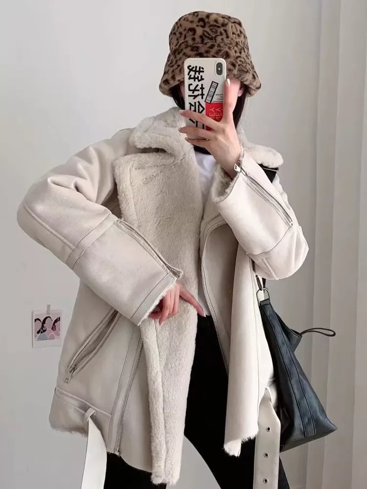 New2022 Women Fashion Thick Warm Winter Double-sided Fur in one Jacket Coat Vintage Long Sleeve Female Outerwear Chic Tops