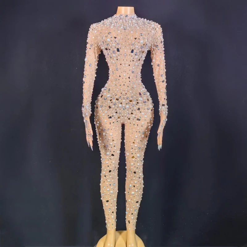 

Sexy Rhinestones Pearl Jumpsuit Female Singer Diamond Mesh Elastic Bodysuit Drag Queen Costumes Evening Celebrate Dress DN15830