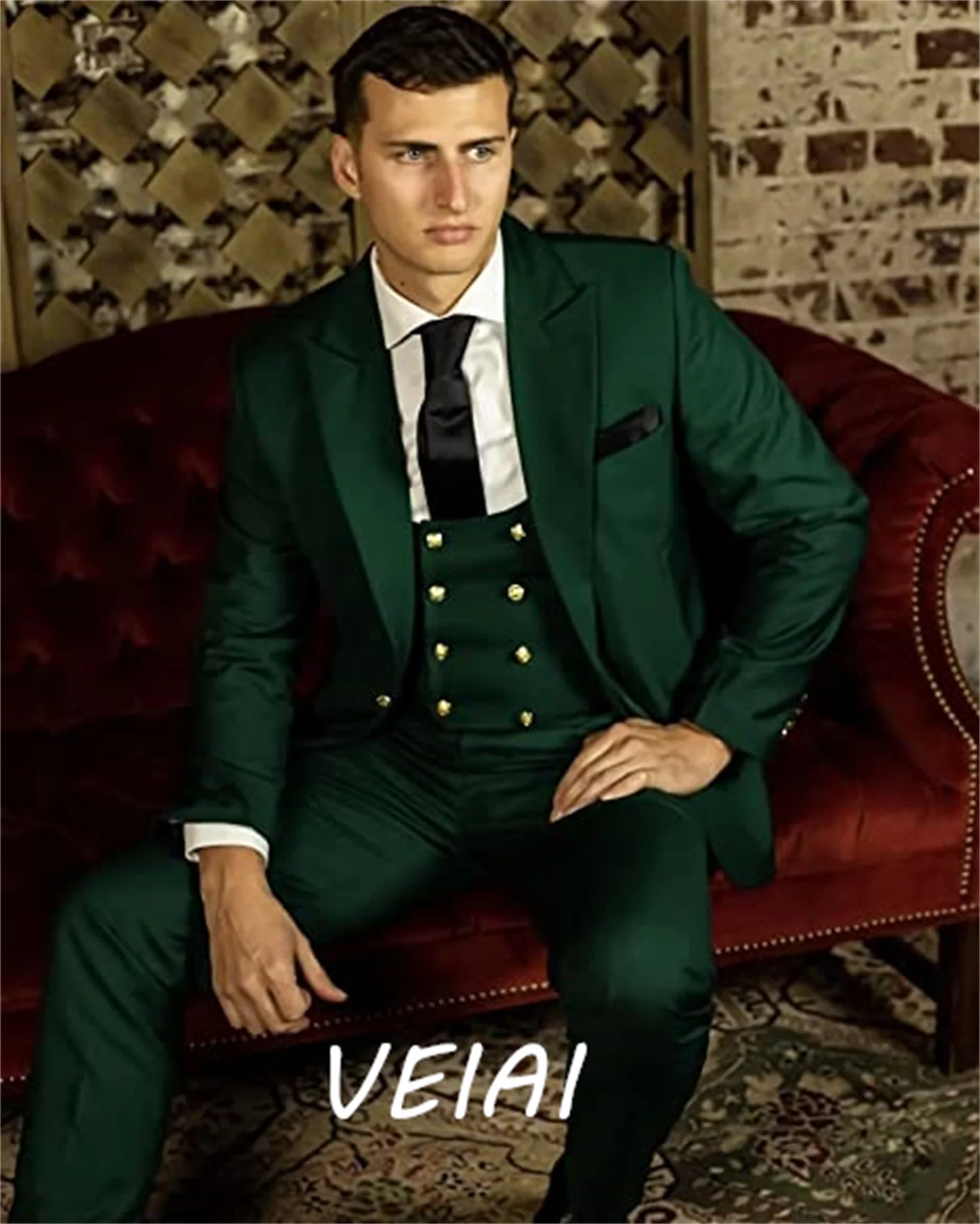 

New Men's Houndstooth Dogstooth Plaid Suits Slim Fit Tuxedo Prom Notch Lapel 3 pieces Wedding Groom set (Blazer+vest+Pants）