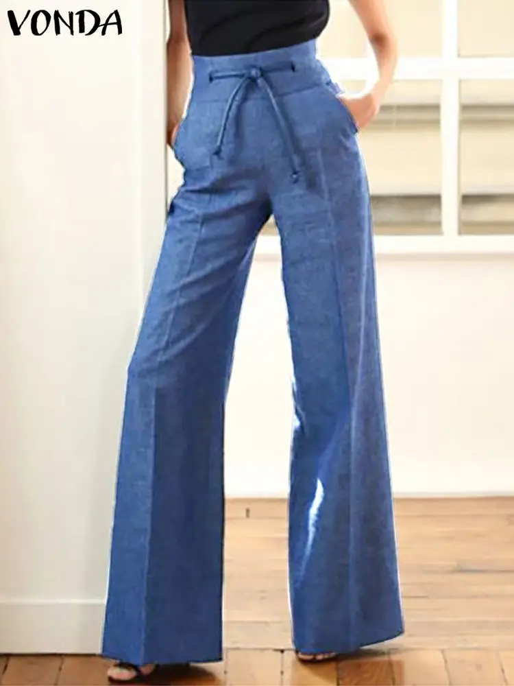 

Casual Solid Color Pants 2022 VONDA Women Casual High Waist Zipper Long Trousers Wide Leg Pants Palazzo Pants Pantalon Femme