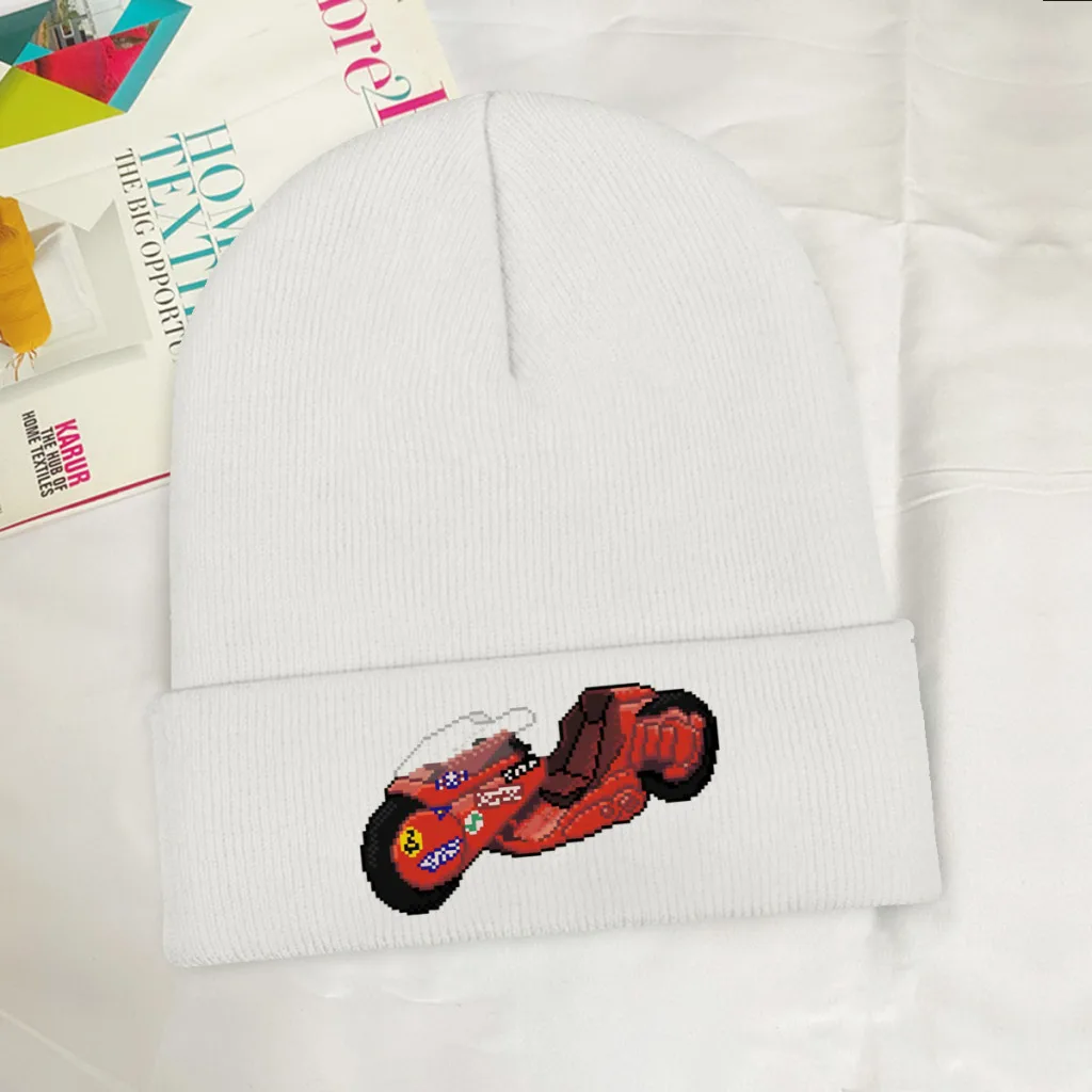 

8-Bit Motorcycle Skullies Beanie Akira 80s Japanese Manga Film Knitted Bonnet Girls Boys Warm Cap Hip Hop Brimless Elastic Hats