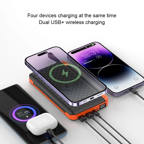 Складной аккумулятор на солнечной батарее емкостью 20000 мАч с 3 солнечной панелью, беспроводное зарядное устройство Qi, внешний аккумулятор для iPhone, повербанк для кемпинга