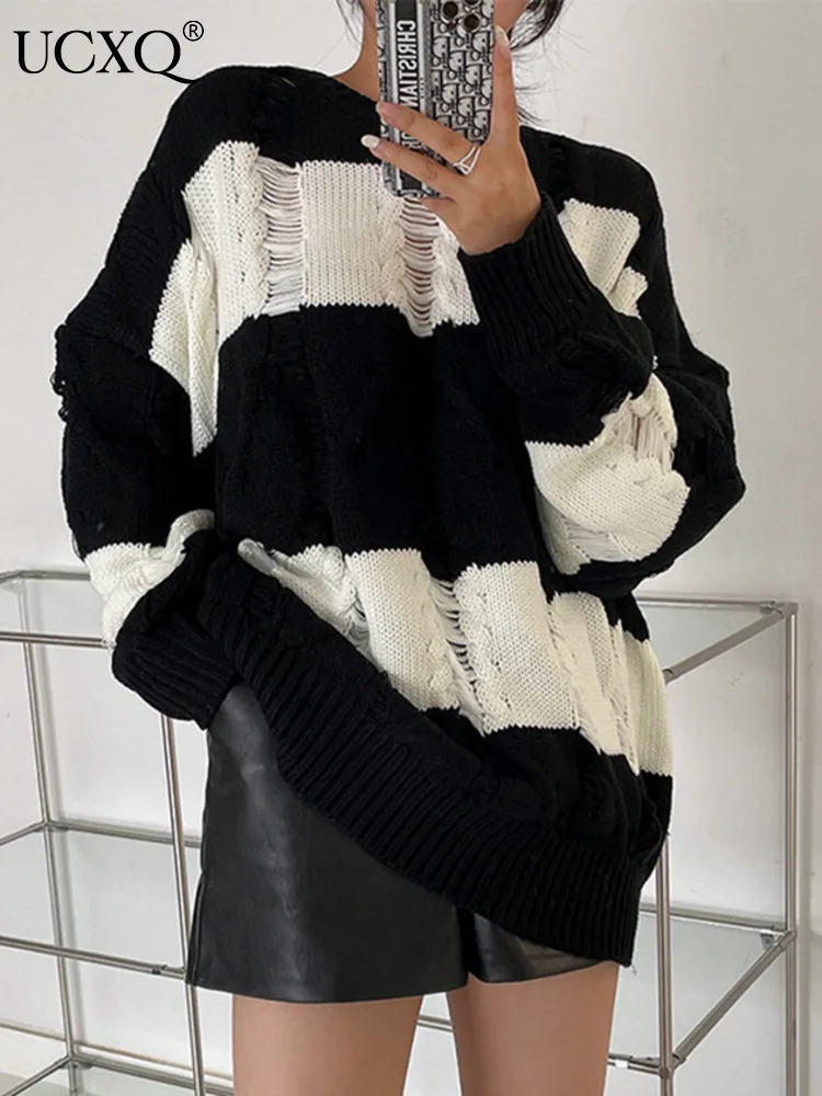 

Женский свитер с дырками в полоску, контрастный пуловер, повседневный толстый вязаный Топ большого размера, для осени, 3A4068, 2023