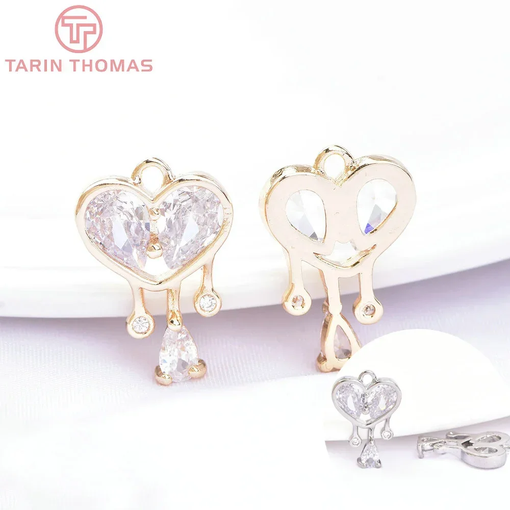 (6664) 4 шт. 12x8 мм 24-каратное золото латунь с цирконом подвески в форме сердца высокое