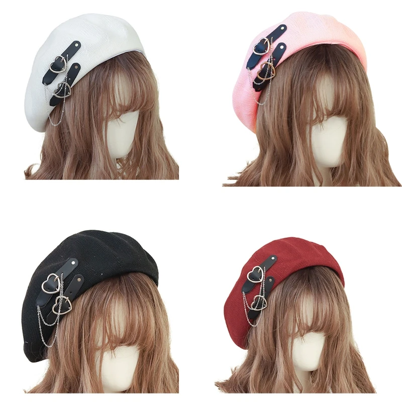 

2023 New Sweet Cool Beret Hat Nylon Painter Cap Fashion Beret Breathable Hat Sweet Girls Heart Buckle JK Hat Accessory