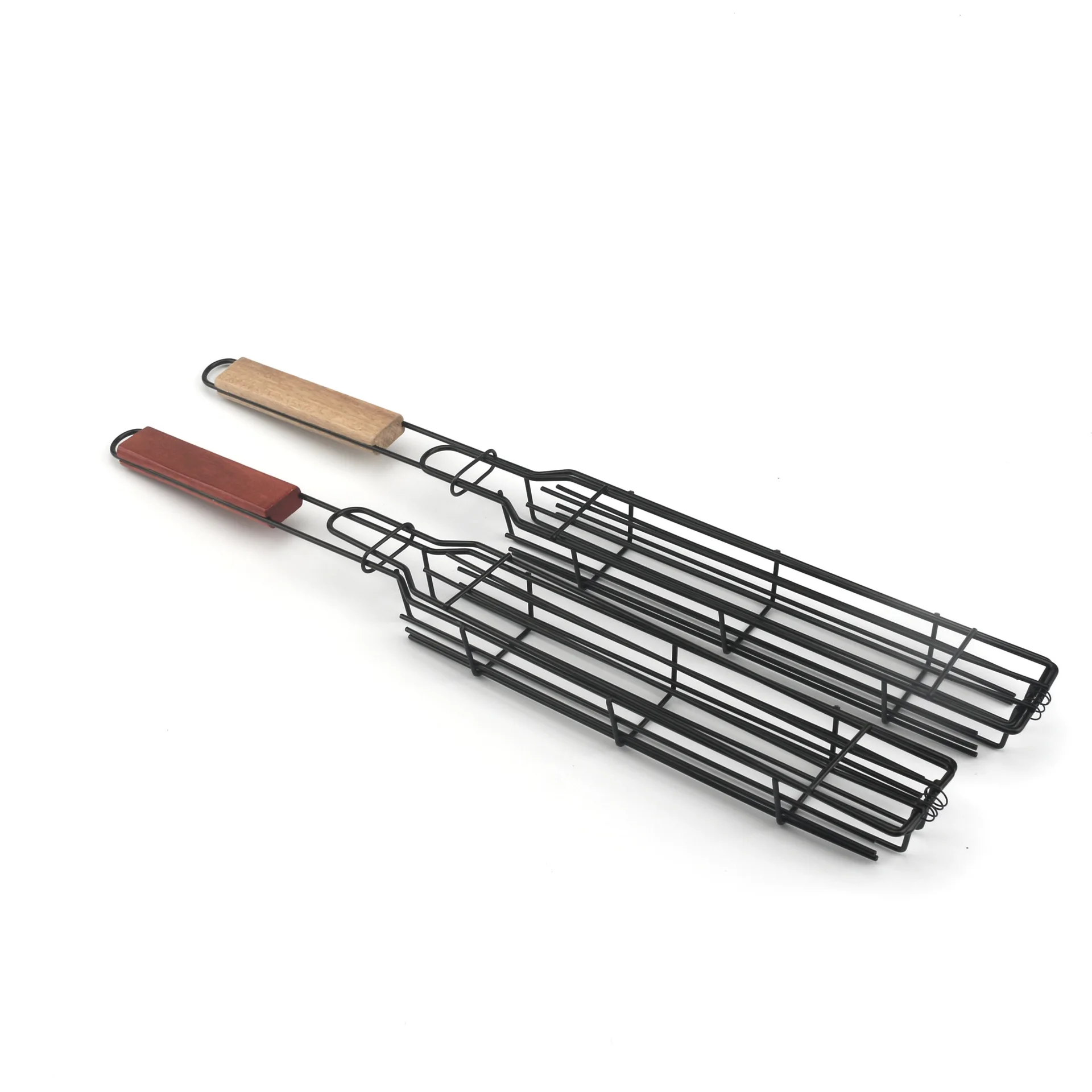 

1,2,4PCS With a brush Hot Dog Barbecue Grill Wooden Handle Sausage Barbecue Cage Non-Stick Barbecue Mesh Clip Sausage Clip