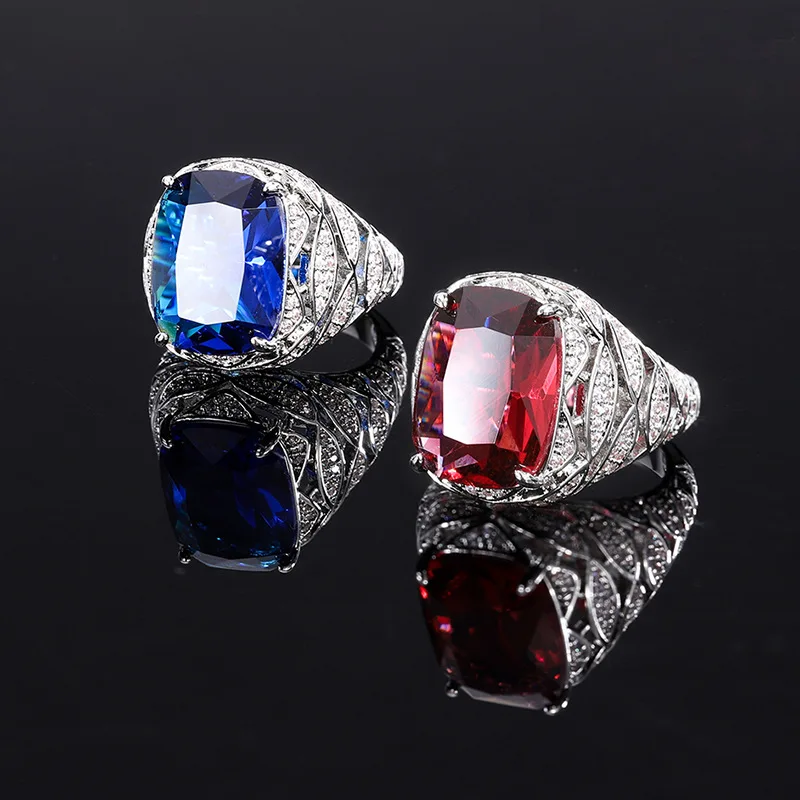 

Vintage Court Style Cushion 12*16mm Lab Sapphire Ruby Wedding Ring 925 Silver Gemstone Ring Female Promise Party Birthday Gift
