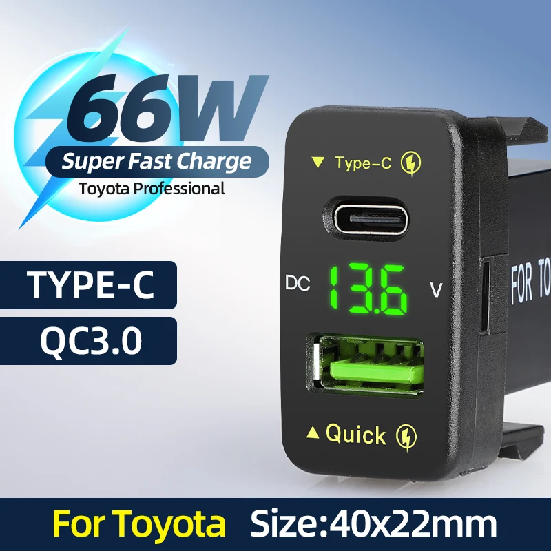 

66 Вт USB PD и QC3.0 для мобильных телефонов, быстрая зарядка для Toyota Type C, розетка со светодиодным вольтметром, 12 В, 24 В, автомобильное зарядное устройство, аксессуары