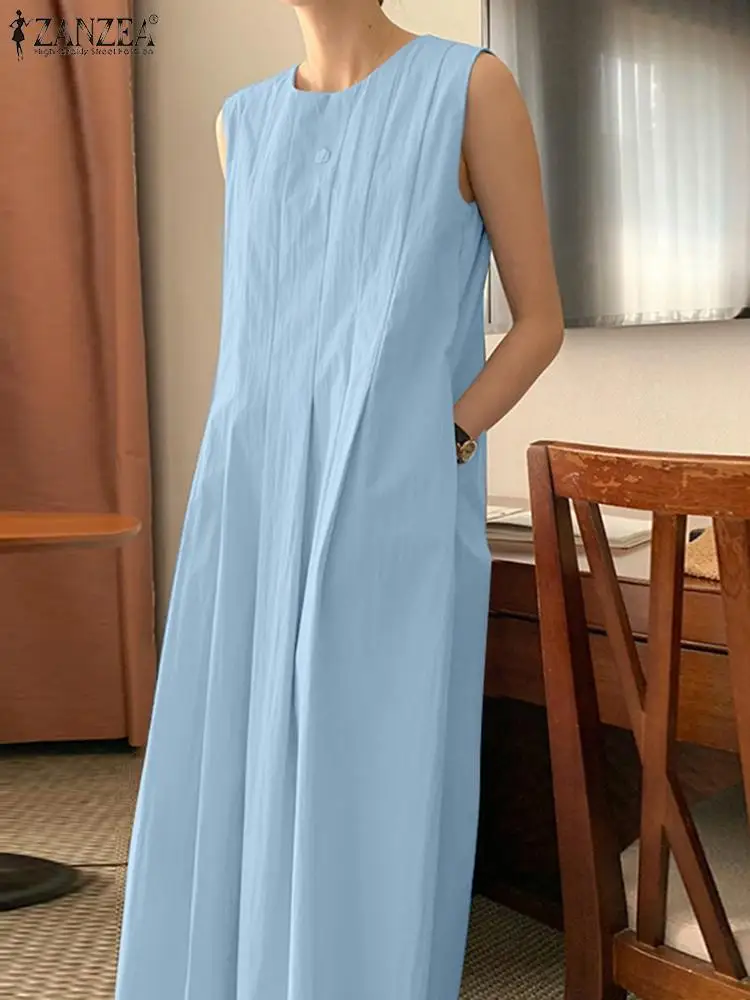 

Повседневный Сарафан ZANZEA без рукавов, летнее однотонное платье на бретелях, женские элегантные плиссированные платья, женские праздничные Макси-платья с круглым вырезом