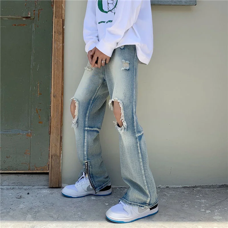 Summer Blue Baggy Jeans Men Fashion Casual Hole Straight Jeans Men Streetwear Hip Hop Loose Wide Leg Denim Pants Mens Trousers