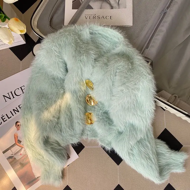 Женская норковая короткая куртка-свитер с v-образным вырезом вязаный кардиган