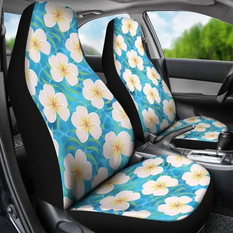 

Blue Ocean Waters With Plumeria Frangipani Hawaiian Island Flowers Pattern Car Seat Covers Set Set Tropical Universal Fit Hawaii