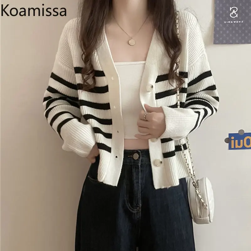

Koamissa Loose Stripe Knitted Cardigan Women V-neck Thin Spring Autumn Sweater Jackets Ladies Causal Korean Chic Cropped Tops