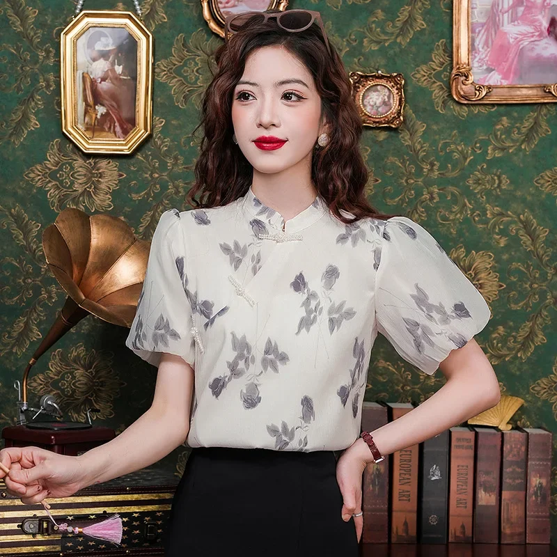 Женская рубашка с водяным знаком в китайском стиле и воротником-стойкой коротким