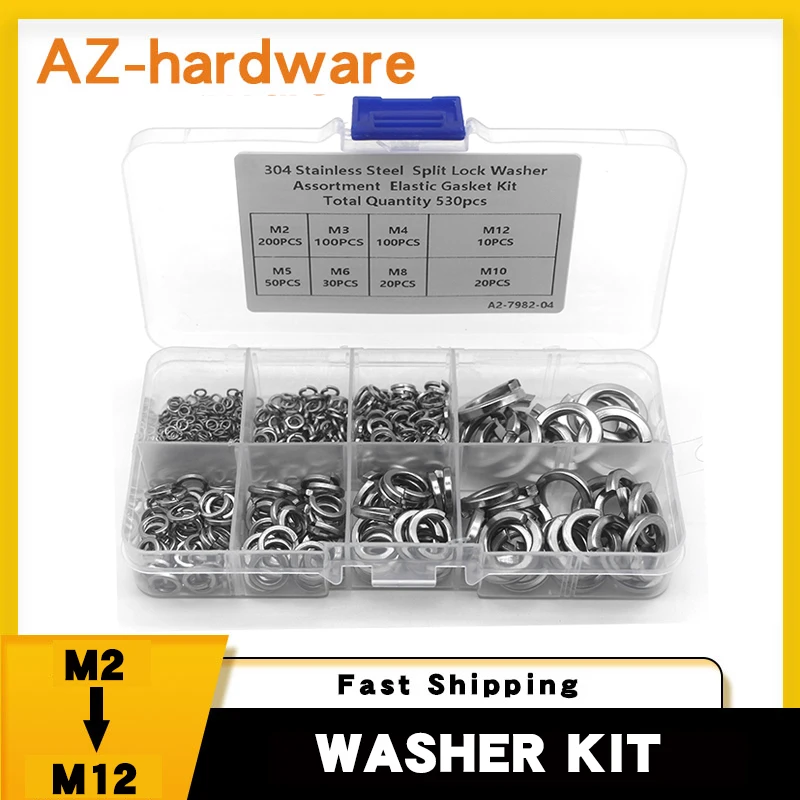 

530PCS 304 Stainless Steel Spring Washer Kit M2 M3 M4 M5 M6 M8 M10 M12 Split Lock Washer Assortment Elastic Gasket Kit