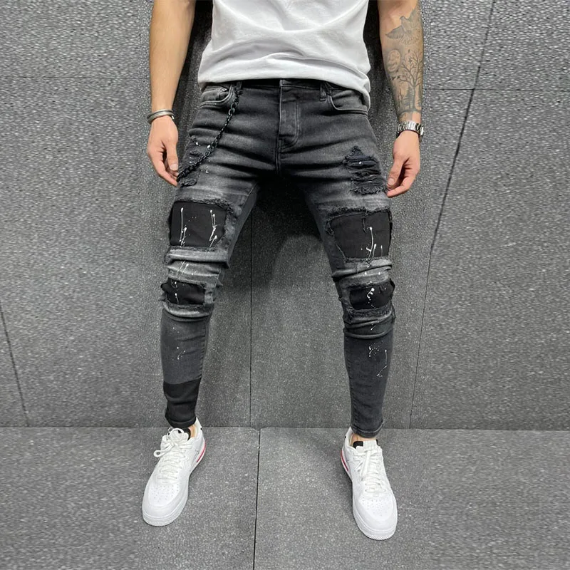 

Men Ripped Skinny Zipper Jeans Black Patchwork Biker Pencil Pants Street Man Slim Fit Denim Pants Hip Hop Draped Trousers