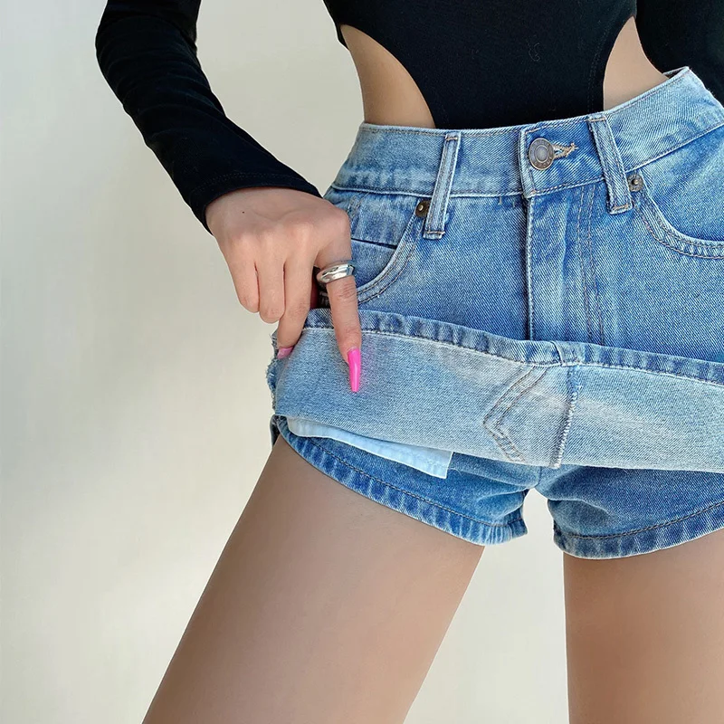 

Classic korean Retro Denim Shorts Female High Waist Side Slits Thin A-line All-match Fashion Skorts Korean Sexy Sweet PZ1B