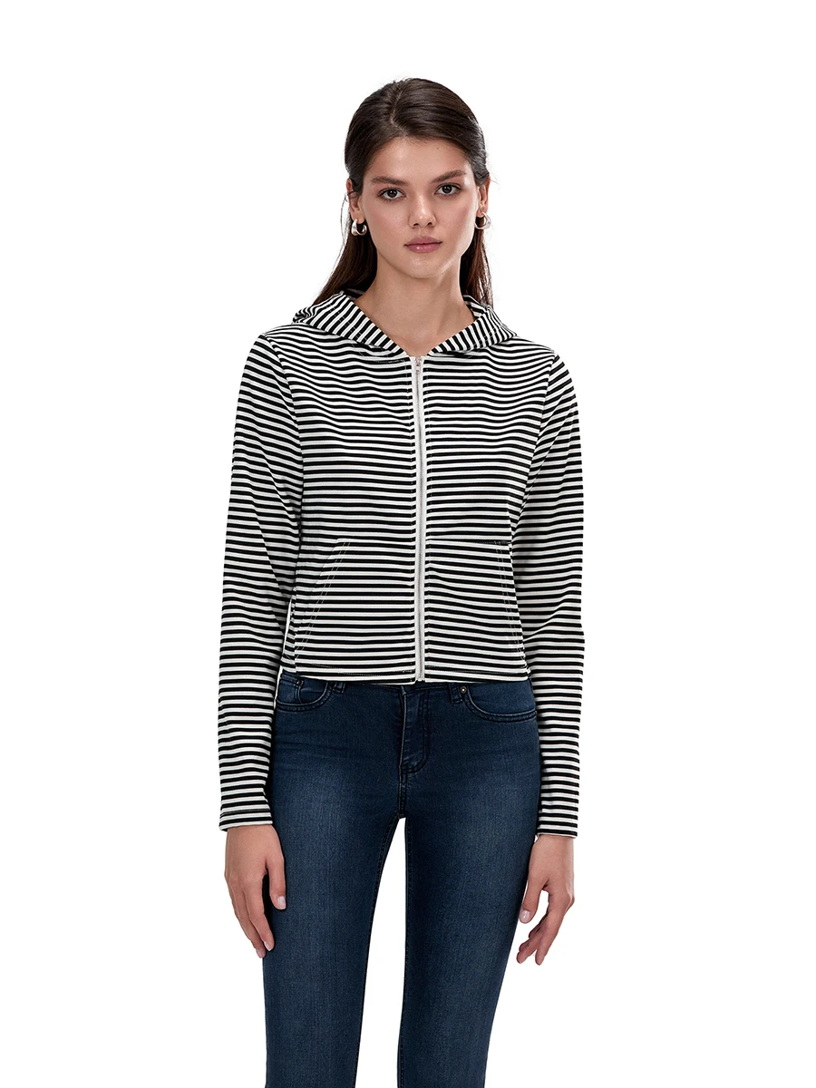 Женские осенние толстовки с капюшоном в полоску и длинными рукавами укороченное