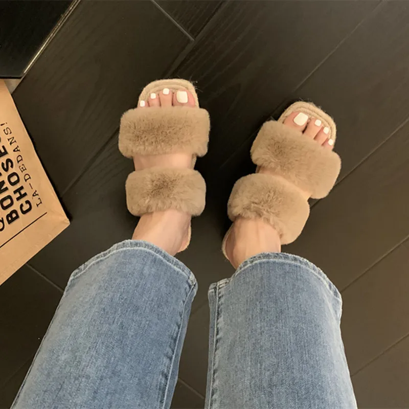 

Bailamos Women Slippers 2022 Autumn Flat Heel Slides Fashion Furry Fur Ladies Elegant Sandal Shoes Outoor Open Toe Slip On Flip