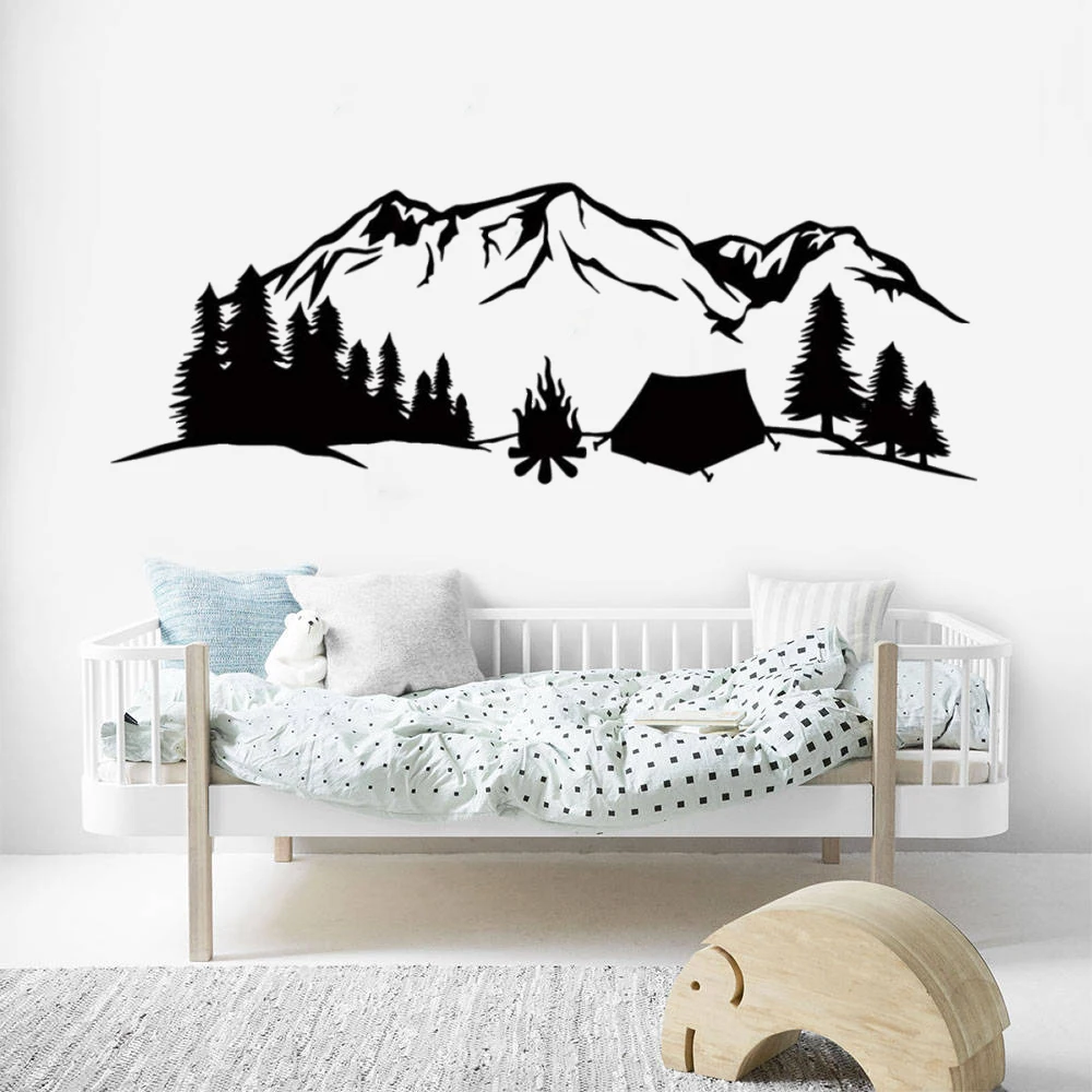

Nature Camping Mountain Wall Stickers Vinyl Mountain Label Decals Pine Tree Mountain Murals Adventure Home Decor Poster DW14187
