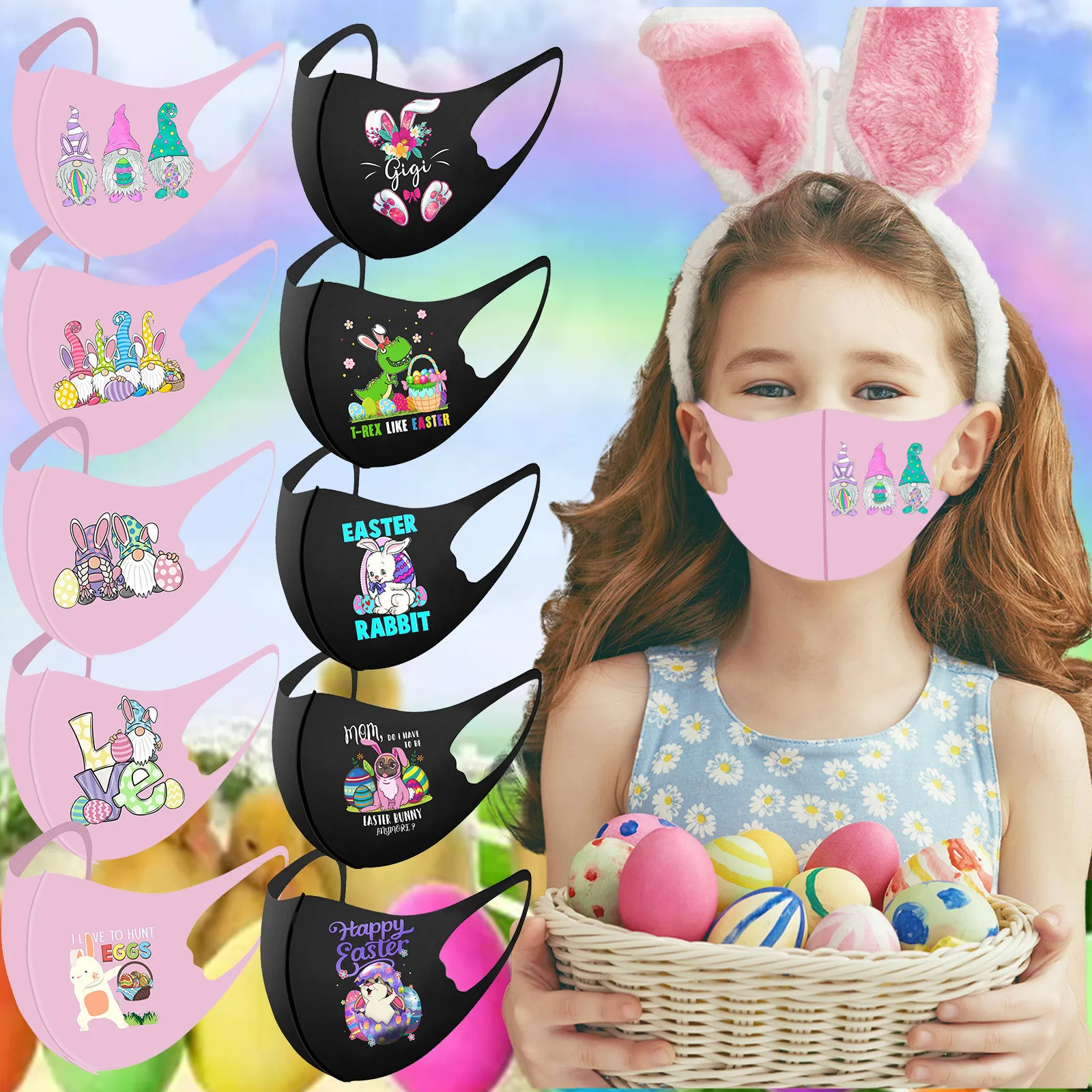 

1PC Buuny Print Children Face Cover Cotton Easter Washable Adjustable Cartoon Kids Facemask Lovely Reusable Kids Face Mask