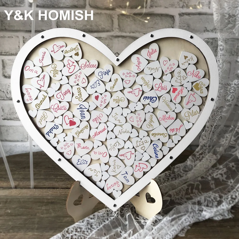

Wedding Guest Book, Y&K Molish Wooden Picture Frame, Drop Top Frame Sign Book with 100PCS Wooden Hearts,