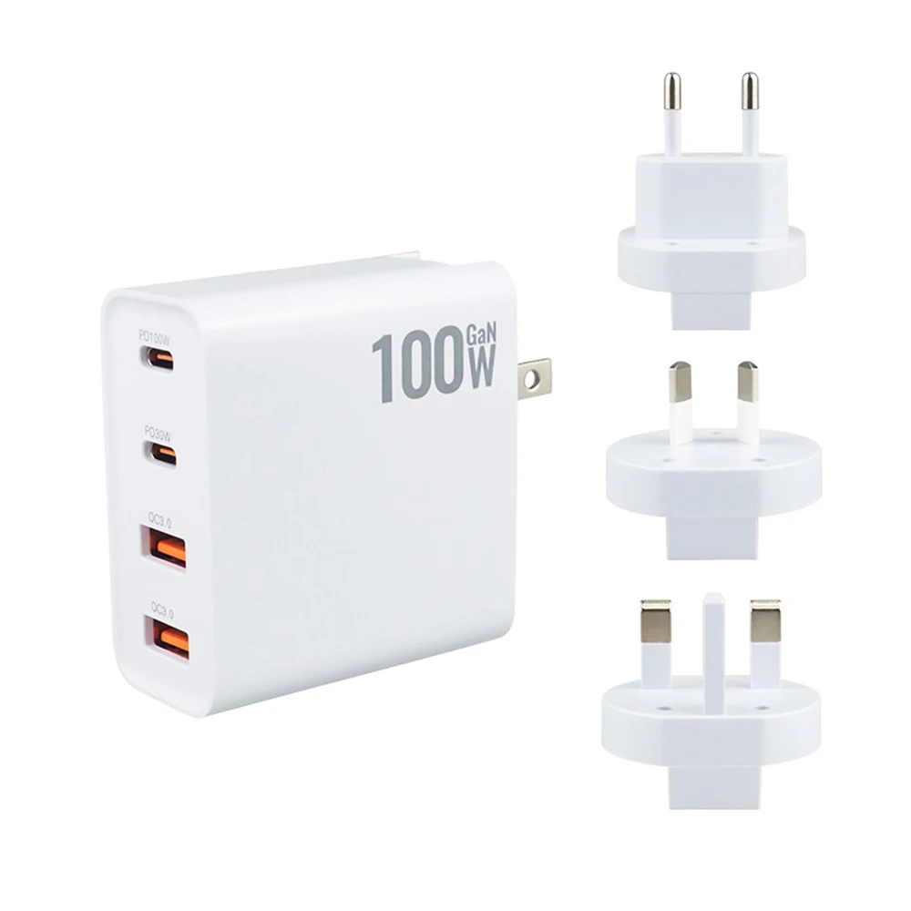 100W GaN Charger Convertible Plug Folding Pin QC3.0 USB-A and Dual PD for Notebook or Mobile Phone High Power Fast Charge
