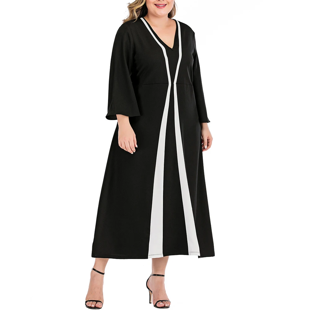 New L~4XL Plus Size Womens Dress V Neck Long Sleeves Casual Long Loose Holiday Elegant Dress Soft And Comfortable