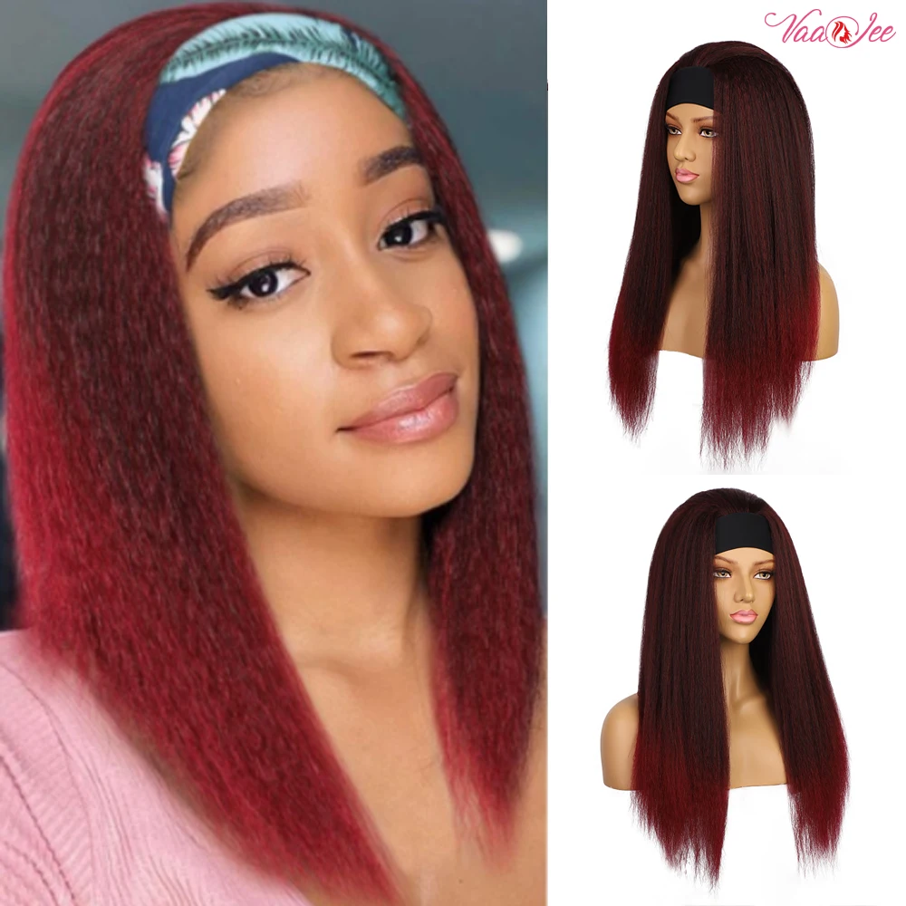 

24 Inch Yaki Straight Headband Human Hair Wigs For Black Women Heat Friendly Glueless Synthetic Long Kinky Straight Daily Wigs