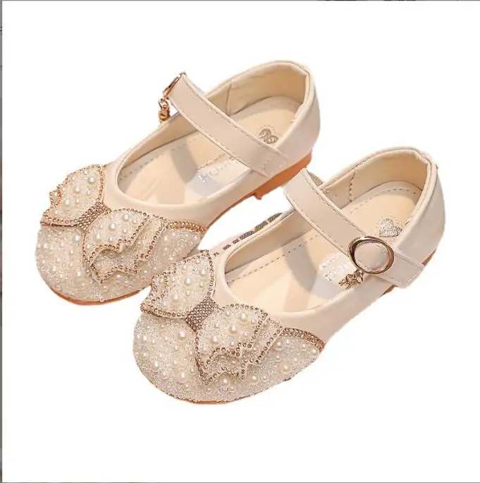 

New Girls Leather Shoes Spring Autumn Fashion Pearl Bow Rhinestone Little Girl Shoes Flat Heels Kids Princess Bright pearl Shoes