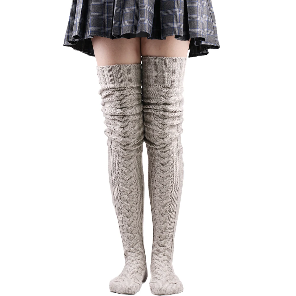 Thigh High Socks Knitting Winter thermal Stockings Female Woolen Foot Leg Warmer Womens Ladies Girl Black Over Above Knee Sock