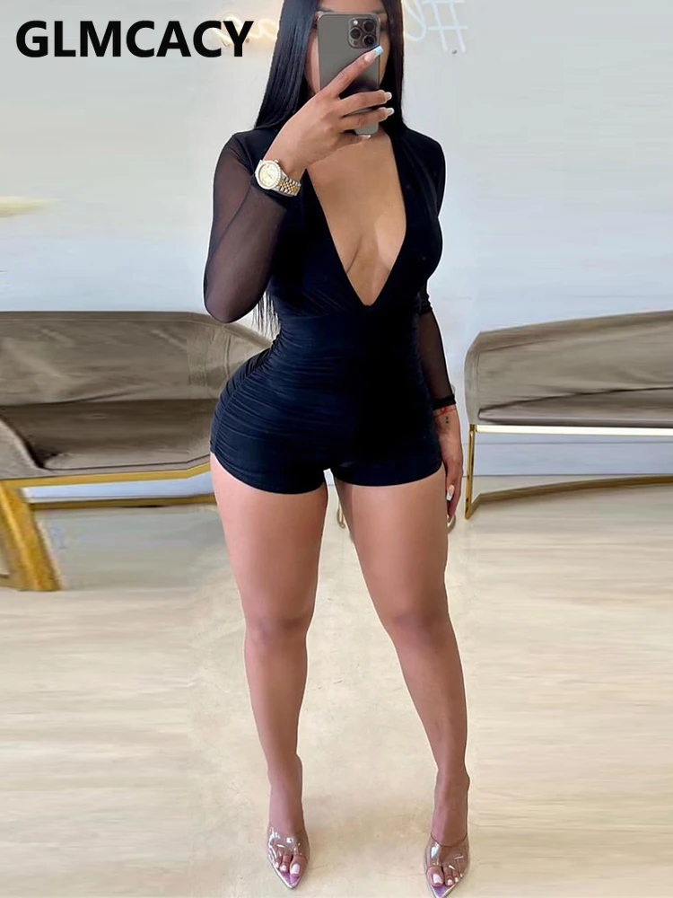 

Women Mesh Insert Long Sleeve V Neck Sexy Playsuits Skinny Rompers