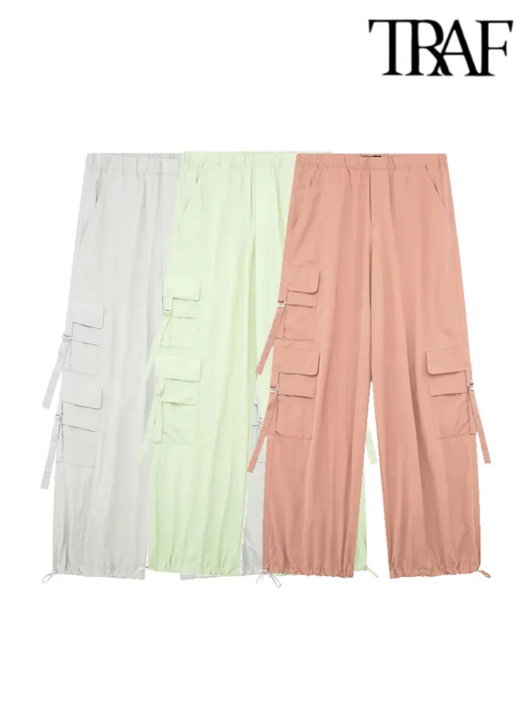 

TRAF Women High Street Cargo Pants Solid Multi Pocket Straight Leg Pants Female Casual Vintage Chic Cargo Trousers 2023