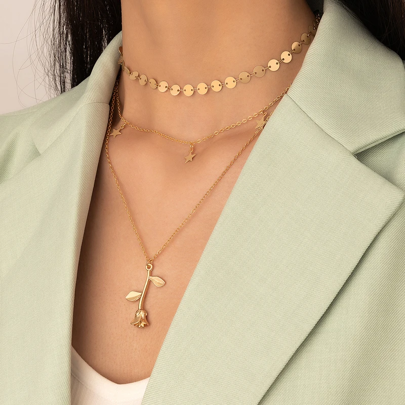 

HuaTang New Trendy Rose Flower Pendant Necklace for Women Multilayer Gold Color Heart Letter Clavicle Chain Anniversary Gift